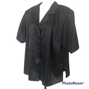 Black Satin Button Down Short Sleeve Shirt Top Blazer Women’s Size XL